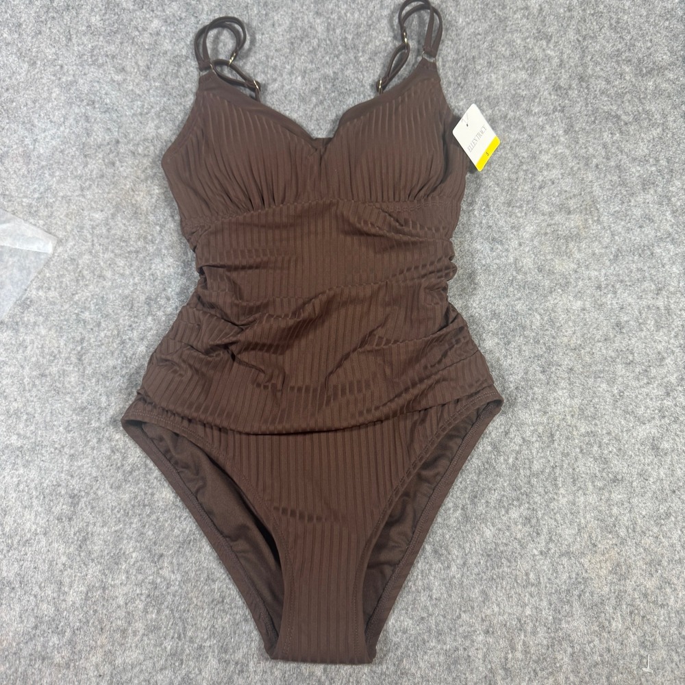 Ellen Tracy Womens Brown Ribbed Ruched One Piece Swimsuit Size Small 1957648 New